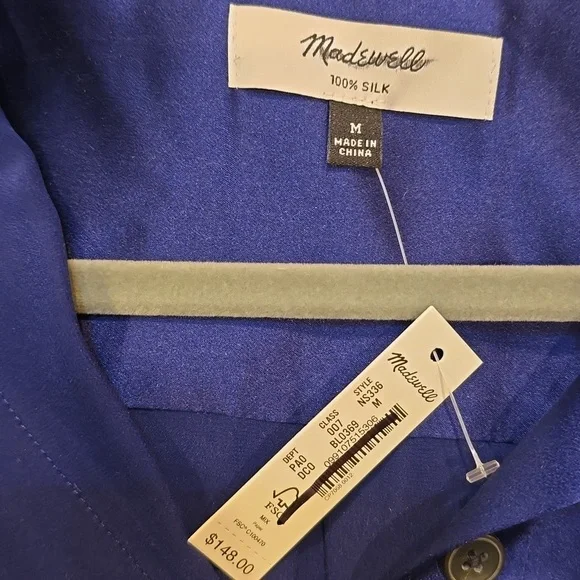 NWT Madewell Silk Flap-Pocket Button-Up Shirt $148 deep cobalt Blue medium - Picture 7 of 11